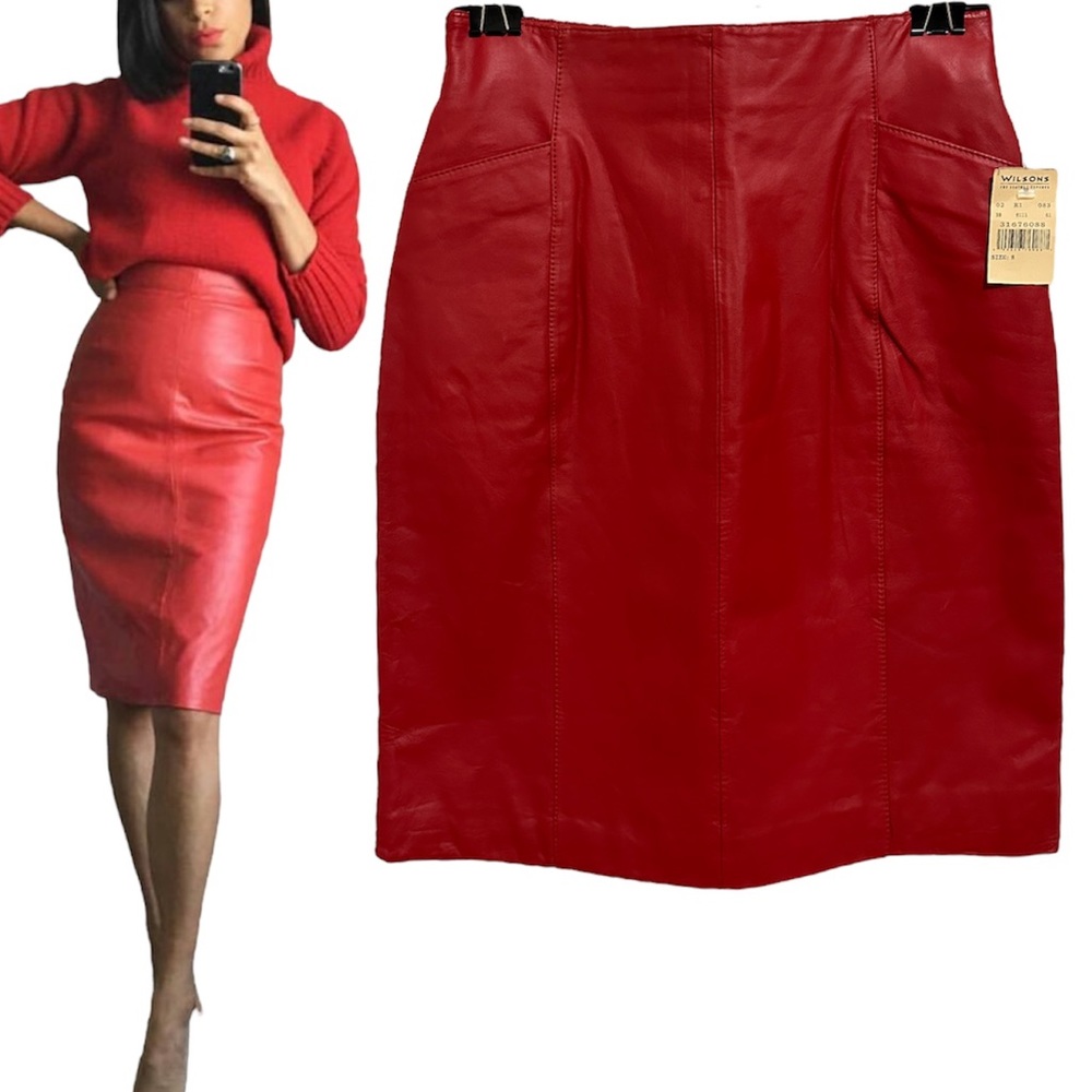 Wilsons Vintage Red Genuine Leather High Waisted Pencil Skirt NWT Sz 8